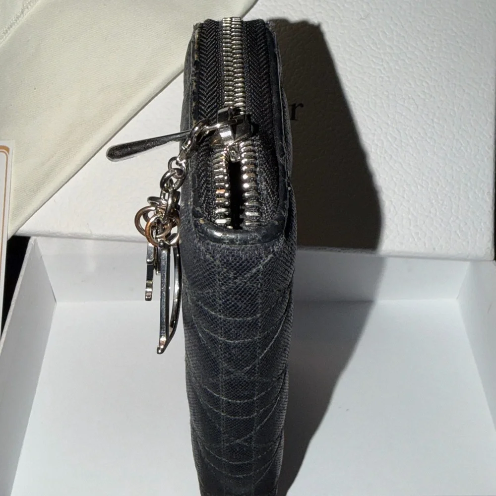Dior Black Quilted Leather Zippy Wallet with Silver Charm